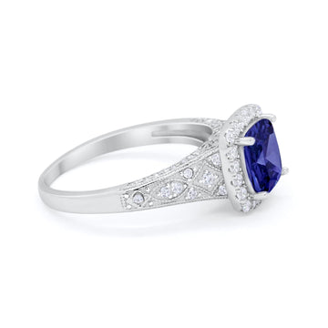 Cushion Art Deco Wedding Ring Simulated Blue Sapphire CZ 925 Sterling Silver